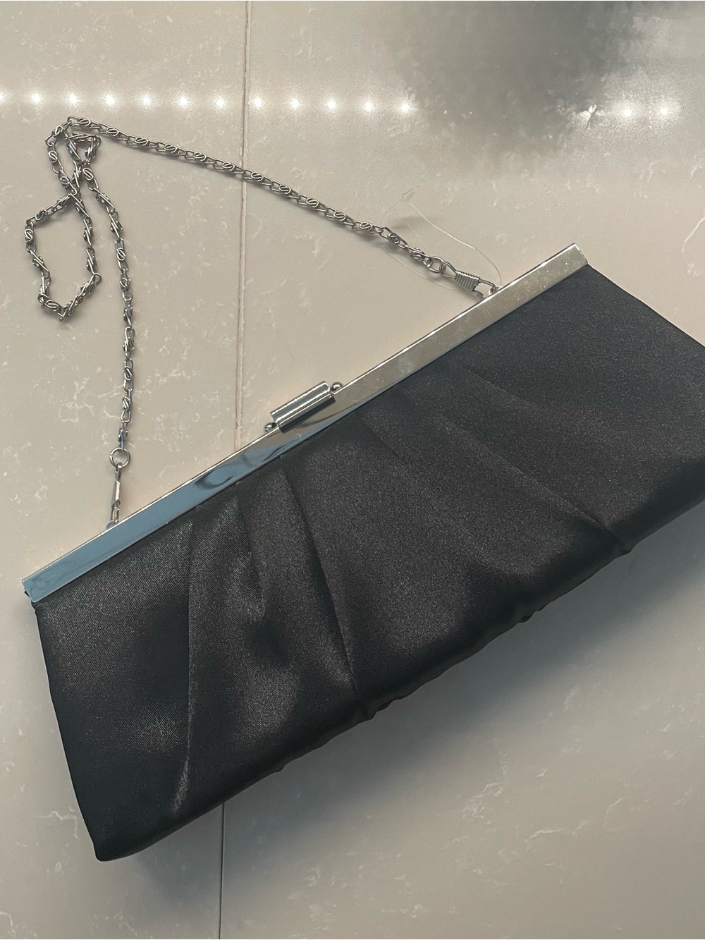 Jessica McClintock Black Satin Evening Clutch with Silver Chain
